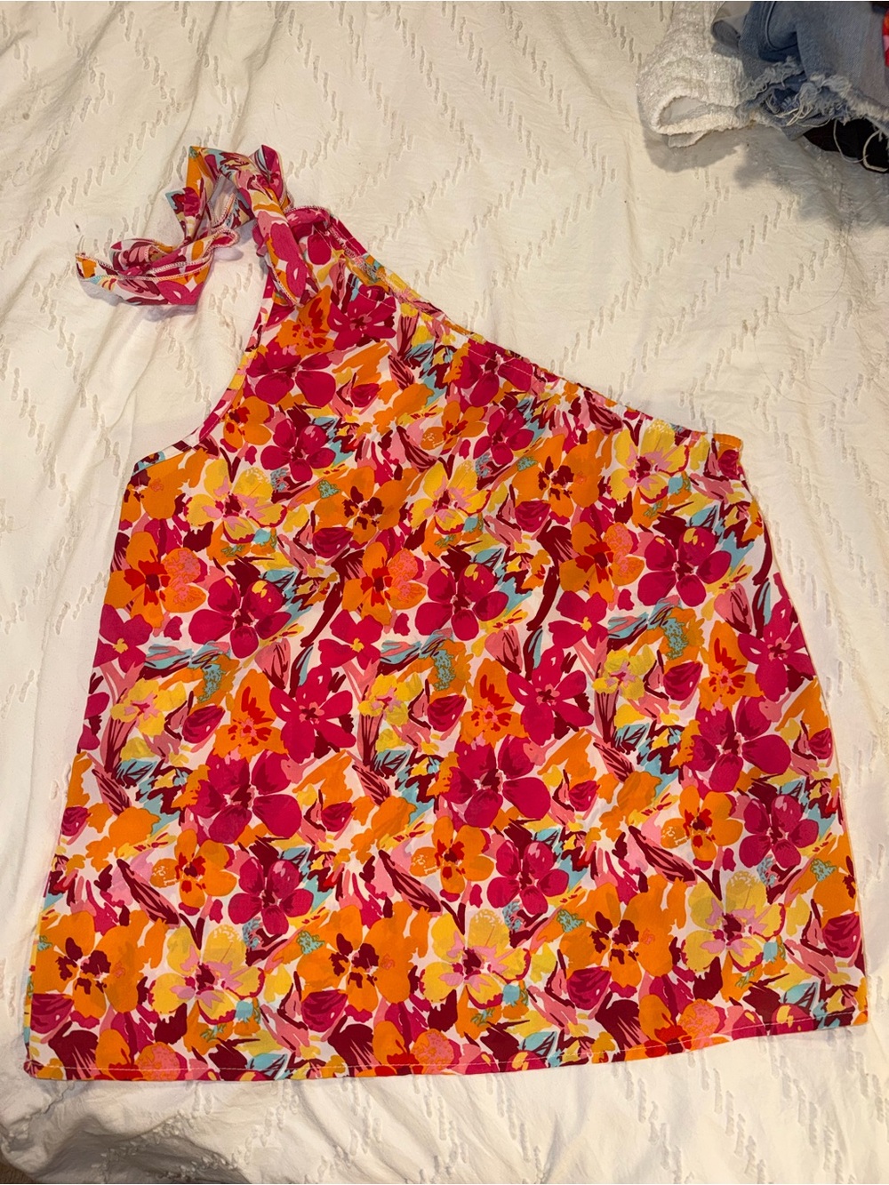 Floral One-Shoulder Tank Top in Fuchsia & Orange